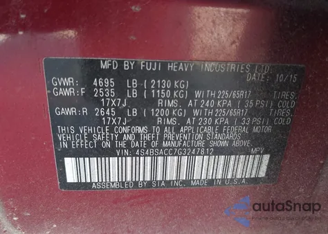 2016 Subaru Outback 2.5I Premium from USA, damaged, VIN 4S4BSACC7G3247812